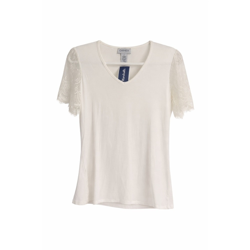 Carmen Carmen Marc Valvo ivory V-Neck Lace Sleeve Top Size Small | NWT